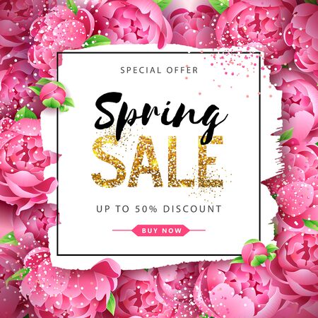 Spring sale typography poster with full blossom pion flowers. Spring backgroundのイラスト素材