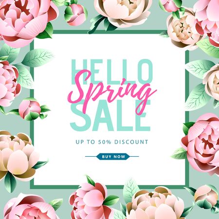 Spring sale typography poster with full blossom pion flowers. Spring backgroundのイラスト素材