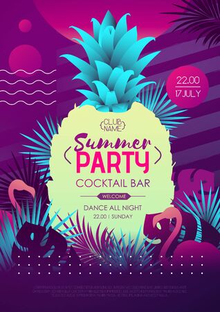 Colorful summer disco party poster with fluorescent tropic leaves, pineapple and flamingo. Summertime backgroundのイラスト素材