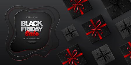 Black friday sale banner with gift boxes on dark black backgroundのイラスト素材