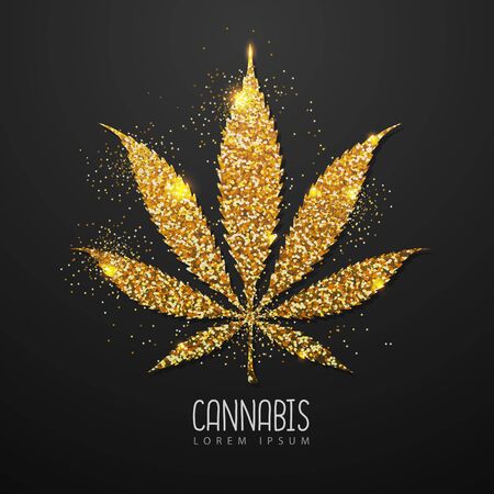 Golden Cannabis leaf silhouette on black background. Helm icon design. Business   designのイラスト素材