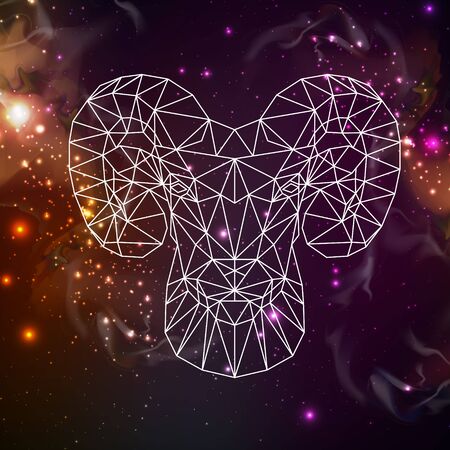 Astrology zodiac sign Aries on dark open space background. Abstract Polygonal head of ram or mouflonのイラスト素材