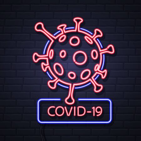 Neon sign COVID-19. Coronavirus Quarantine Warning. Vector illustrationのイラスト素材