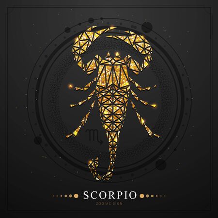 Modern magic witchcraft card with astrology golden Scorpio zodiac sign. Golden Scorpion illustration in polygonal styleのイラスト素材