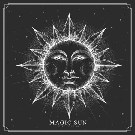 Modern magic witchcraft card with astrology sun sign with human face. Realistic hand drawing illustration of sun with human faceのイラスト素材