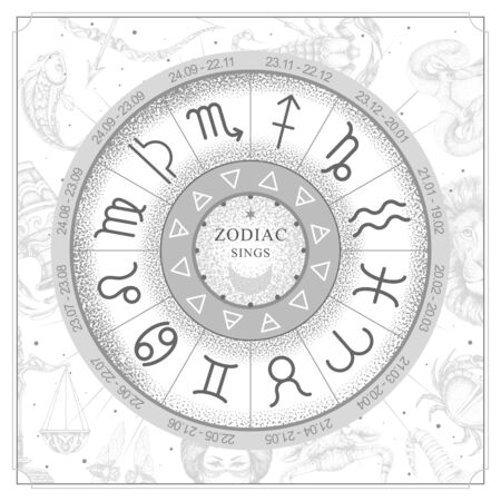 Astrology wheel with zodiac signs on constellation map background. Realistic illustration of zodiac...