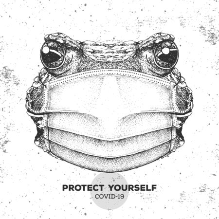 Hand drawing Animal frog wearing face medical mask. Covid-19 protection methods. Coronavirus Quarantine Warning. Vector illustrationのイラスト素材