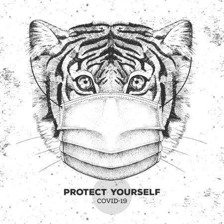 Hand drawing Animal tiger wearing face medical mask. Covid-19 protection methods. Coronavirus Quarantine Warning. Vector illustrationのイラスト素材