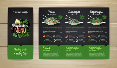 Chalk drawing Vegetarian menu design with vegan meal pasta and asparagus with vegetables. Restaurant menuのイラスト素材