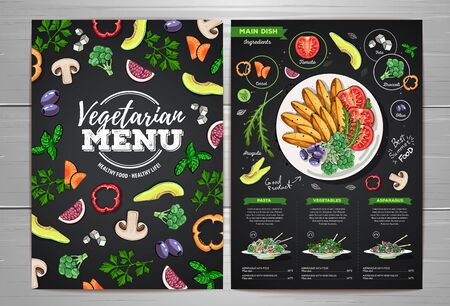 Chalk drawing Vegetarian menu design with vegan meals. Restaurant menuのイラスト素材