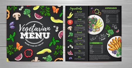 Chalk drawing Vegetarian menu design with vegan meals. Restaurant menuのイラスト素材