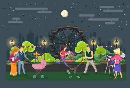 Different people walking in the park in the evening. Urban city landscape. Flat style vector illustrationのイラスト素材