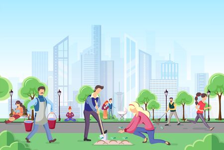 Different people walking in the park. Urban city landscape. Flat style vector illustrationのイラスト素材