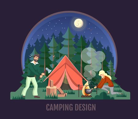 People camping in the wild nature. Outdoor adventure. Flat style vector illustration. Night sceneのイラスト素材