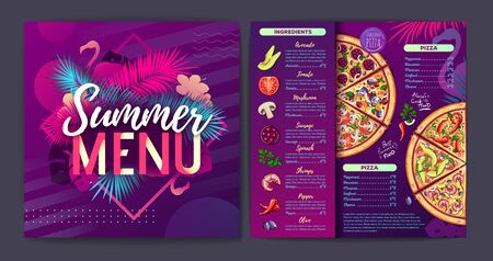 Restaurant summer tropical gradient pizza menu design with fluorescent tropic leaves and flamingo. Fast food menuのイラスト素材