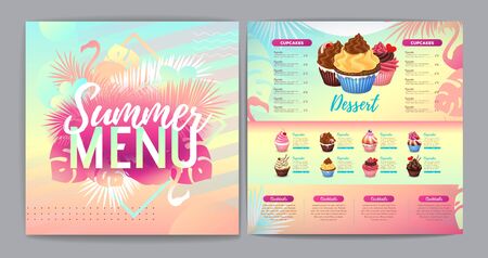 Restaurant summer tropical gradient dessert menu design with fluorescent tropic leaves and flamingo.のイラスト素材
