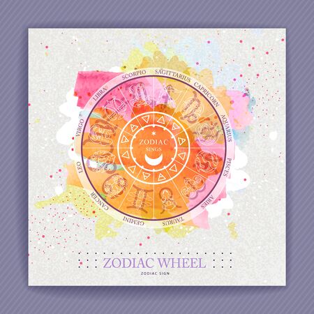 Modern magic witchcraft Astrology wheel with zodiac signs on watercolor background. Horoscope vector illustrationのイラスト素材