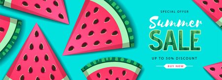 Colorful summer big sale poster with watermelon. Summertime backgroundのイラスト素材