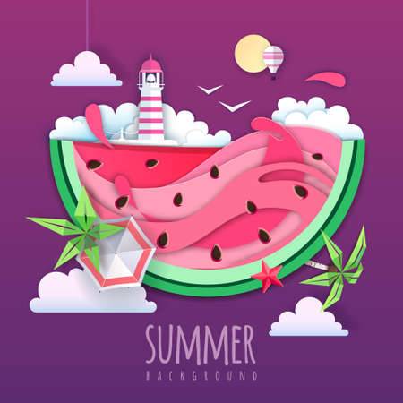 Summer cocktail party poster with watermelon and tropic leaves. Vector illustrationのイラスト素材