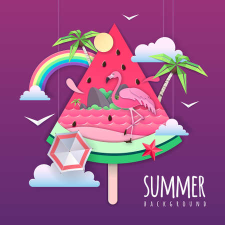Summer cocktail party poster with watermelon and tropic leaves. Vector illustrationのイラスト素材