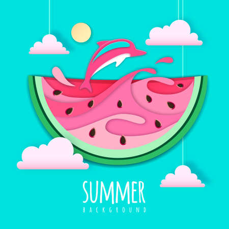 Summer cocktail party poster with watermelon and tropic leaves. Vector illustrationのイラスト素材