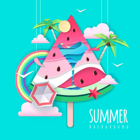 Slice of watermelon with sea or osean landscape and cocktail inside. Summer beach background. Cut out paper art style design. Origamiのイラスト素材