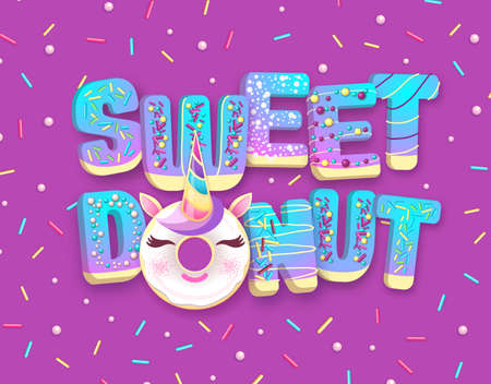 Typography banner with Fantasy fairytale Sweet donut like unicorn. Junk fast food.のイラスト素材