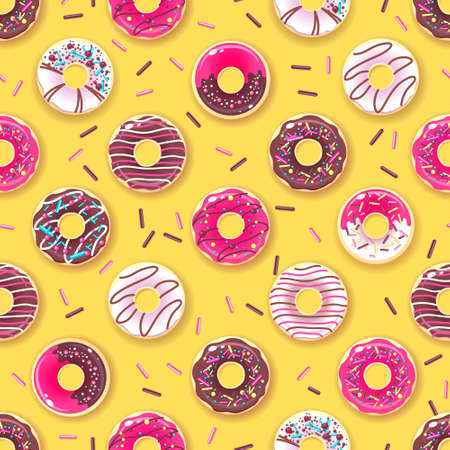 Seamless pattern of colorful sweet donuts. Junk food backgroundのイラスト素材