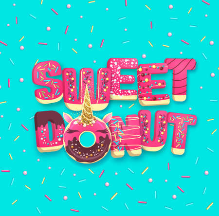Typography banner with Fantasy fairytale Sweet donut like unicorn. Junk fast food.のイラスト素材