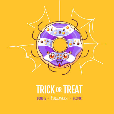 Halloween Kawaii funny donut spider. Sweet fast food vector illustration. Halloween Graphic print signのイラスト素材