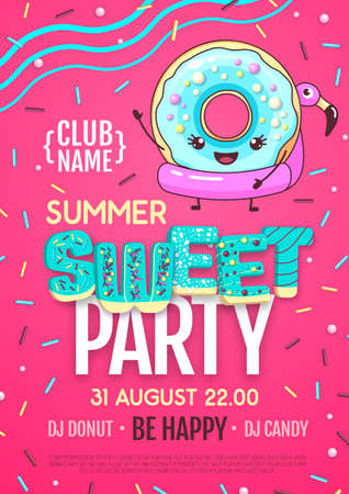Disco party poster with colorful sweet donuts. Junk fast food backgroundのイラスト素材