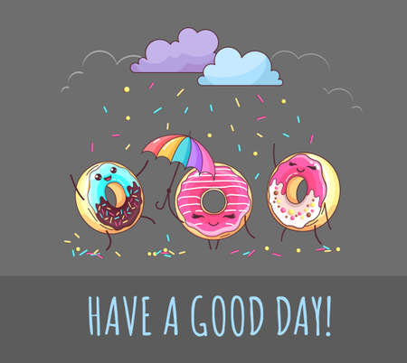 Kawaii funny donuts standing in the rain. Sweet fast food vector illustration. Graphic print signのイラスト素材