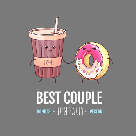 Kawaii funny donut and a cup of coffee. Sweet fast food vector illustration. Graphic print signのイラスト素材