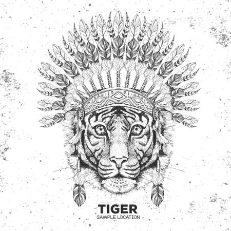 Hipster animal tiger with indian feather headdress. Hand drawing Muzzle of animal tigerのイラスト素材