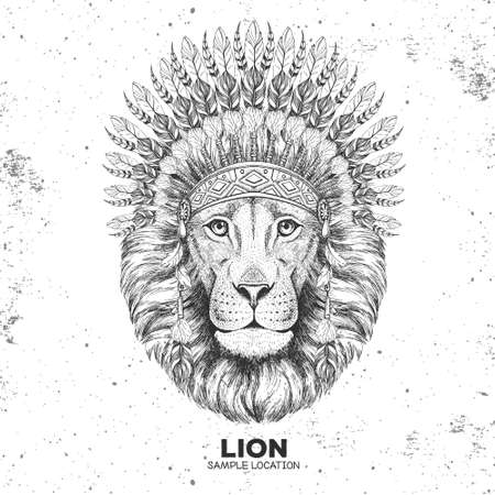 Hipster animal lion with indian feather headdress. Hand drawing Muzzle of animal lionのイラスト素材