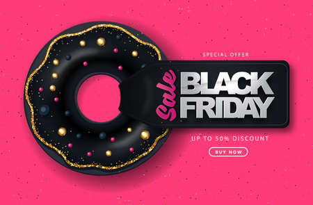 Black friday big sale poster with black sweet donuts on pink backgroundのイラスト素材
