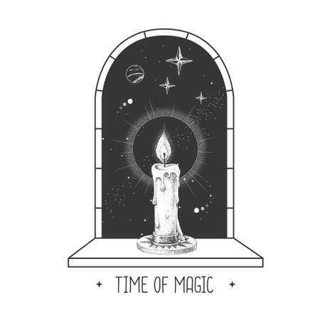 Magic witchcraft open window silhouette with burning candle on outer space background. Vector illustrationのイラスト素材