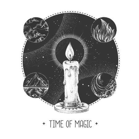 Modern magic witchcraft taros card with four elements and burning candle on astrology background. Vector illustrationのイラスト素材