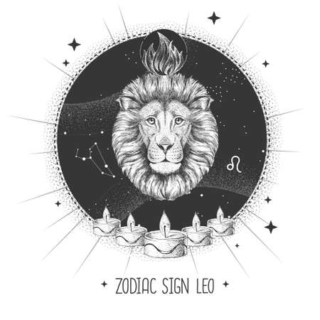 Modern magic witchcraft card with astrology Leo zodiac sign. Realistic hand drawing lion head. Zodiac characteristicのイラスト素材