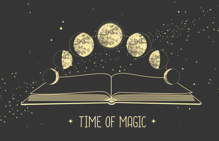 Modern magic witchcraft card with moon phases and open magic book. Pagan moon symbol. Vector...