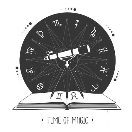 Modern magic witchcraft open book with telescope and Astrology wheel with zodiac signs. Horoscope Vector illustrationのイラスト素材