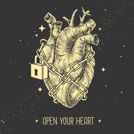 Modern magic witchcraft card with realistic human heart chained with a padlock on space background. Vetor illustrationのイラスト素材