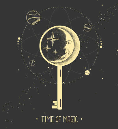 Modern magic witchcraft card with key sign on space background. Vector illustrationのイラスト素材