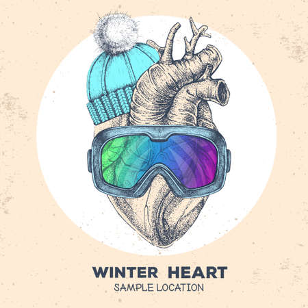 Realistic hand drawing vector illustration of human heart in winter hat and snowboard gogglesのイラスト素材