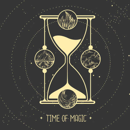 Modern witchcraft magic card with hourglass and four elements. Vector illustration