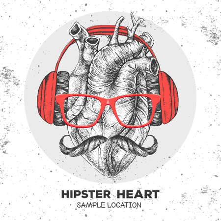 Realistic hand drawing vector illustration of human heart with hister glasses and mustache. Heart with headphonesのイラスト素材