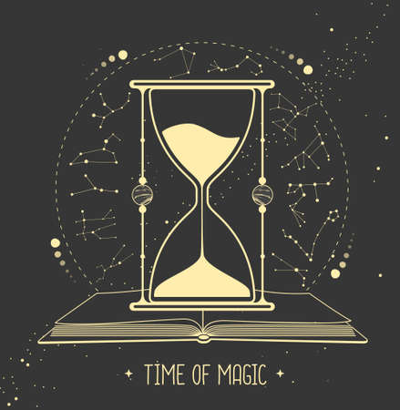 Modern witchcraft magic card with open book, hourglass and astrology constellation. Horoscope. Vector illustrationのイラスト素材