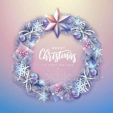 Winter seasonal Christmas background. Christmas holiday realistic decorative wreath. Vector illustrationのイラスト素材