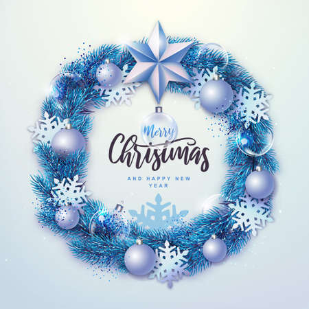 Winter seasonal Christmas background. Christmas holiday realistic decorative wreath. Vector illustrationのイラスト素材