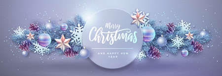 Merry Christmas and Happy New Year greeting card. Christmas holiday background with fir tree, snowflakes, glass balls, pine cones and starsのイラスト素材